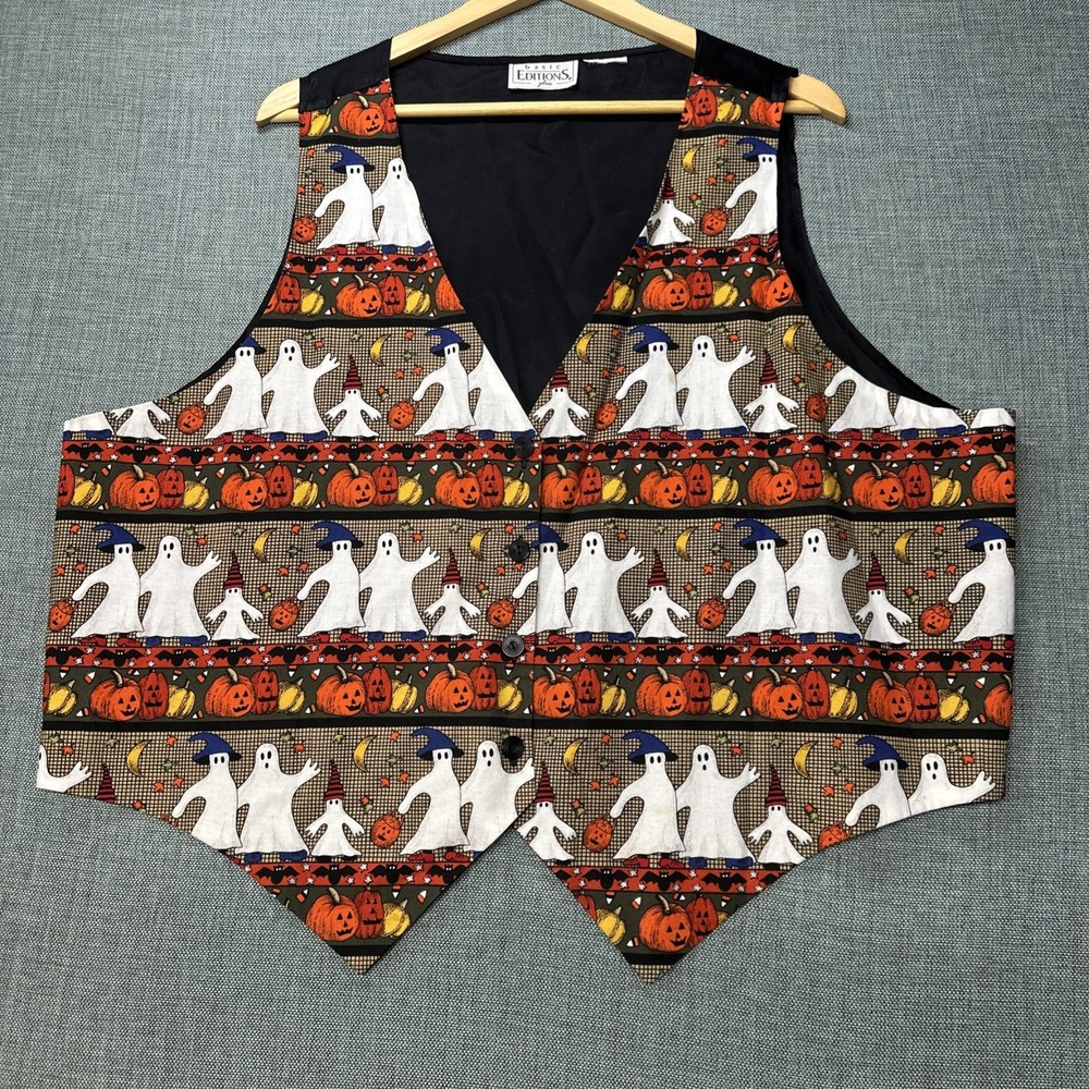Basic Editions Halloween Vest Women 2XL Black Ghost Pumpkin Excellent 90s Retro